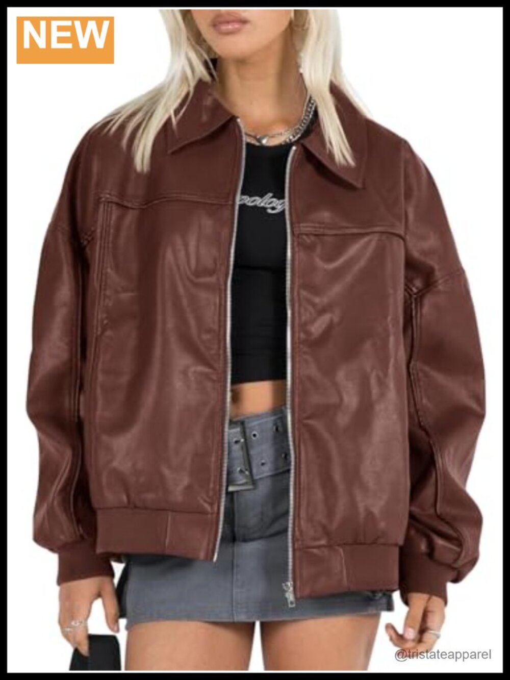 Womens Faux Leather Jacket Oversized Bomber Zip Motor Biker Coat